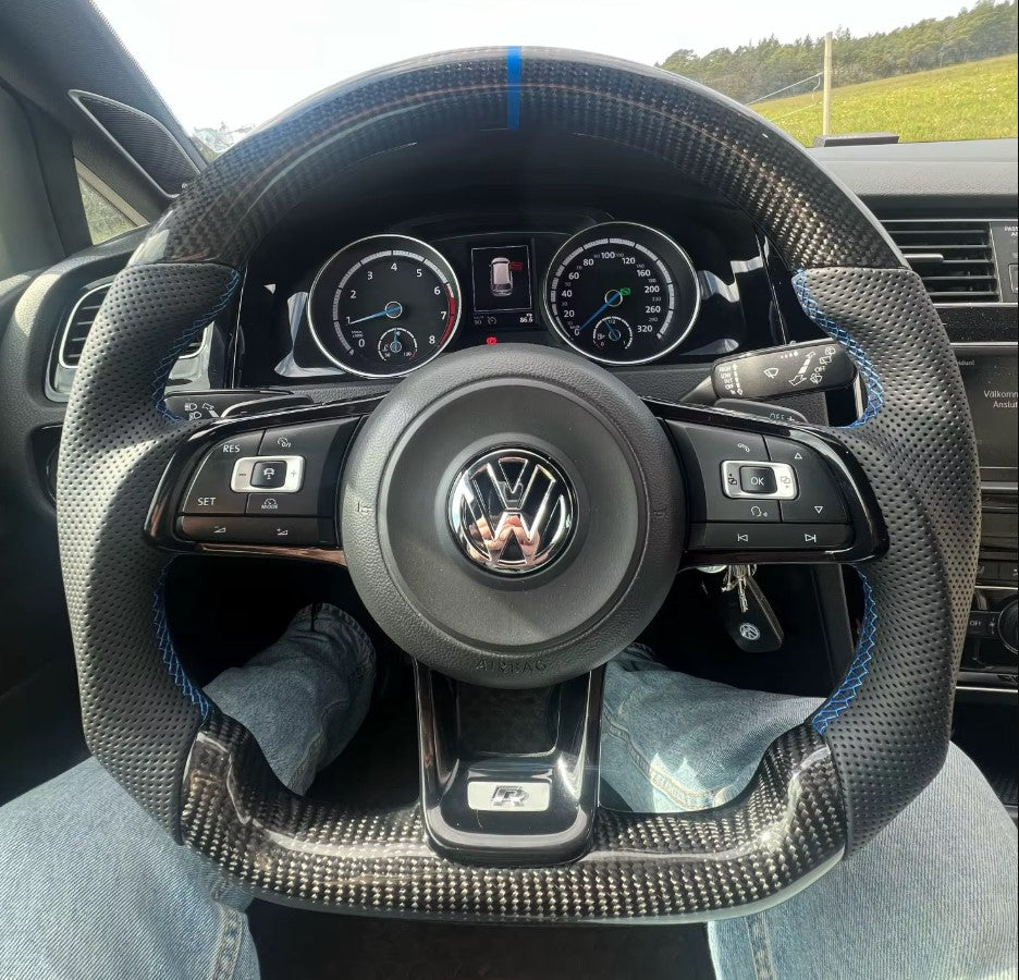 Carbon Leder Lenkrad Blau passend für VW Golf 7 7,5 Passat Polo AW T-Roc GTI R DSG